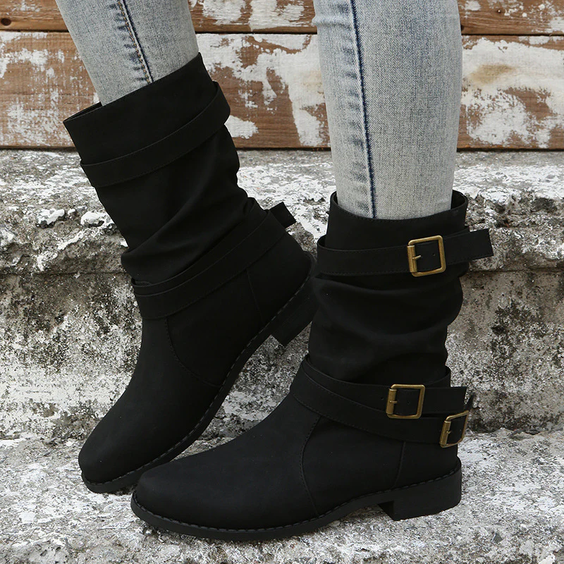 Women's Matte PU Buckle-Detailed Slouch Boots - Crushed Texture Stacked Mid-Calf Flat Boots