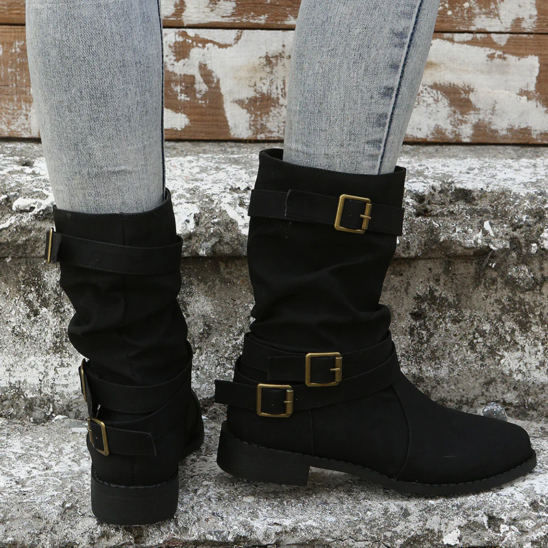 Women's Matte PU Buckle-Detailed Slouch Boots - Crushed Texture Stacked Mid-Calf Flat Boots