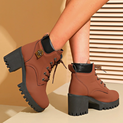 Women's Cowhide Metropolitan Combat Boot - Waterproof Block Heel Ankle Boots with Extended Sizes & Commuter-Ready Traction