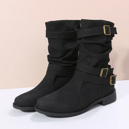 Women's Matte PU Buckle-Detailed Slouch Boots - Crushed Texture Stacked Mid-Calf Flat Boots